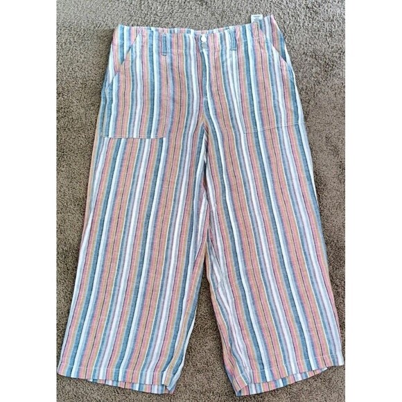 Seven7 Wide Leg Cropped Pants Sz 12 Multicolor Striped Linen Viscose Coastal New - Picture 9 of 9
